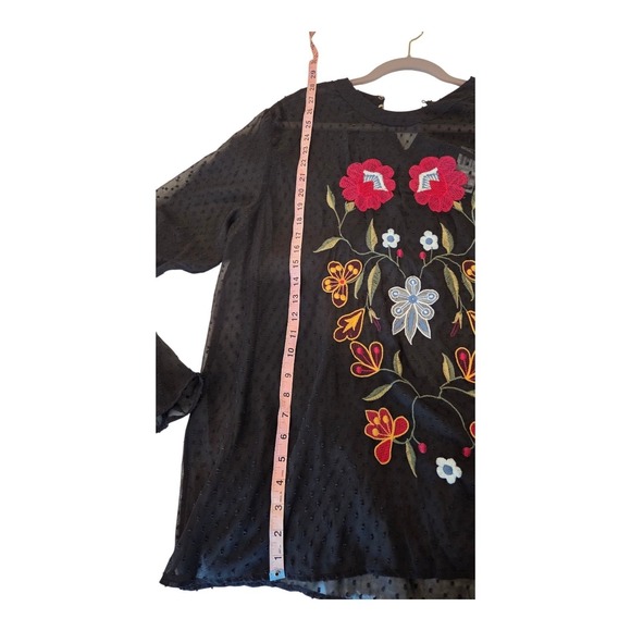 Boho Black Floral Embroidered Sheer Swiss Dot Blouse Top XL - Picture 11 of 14